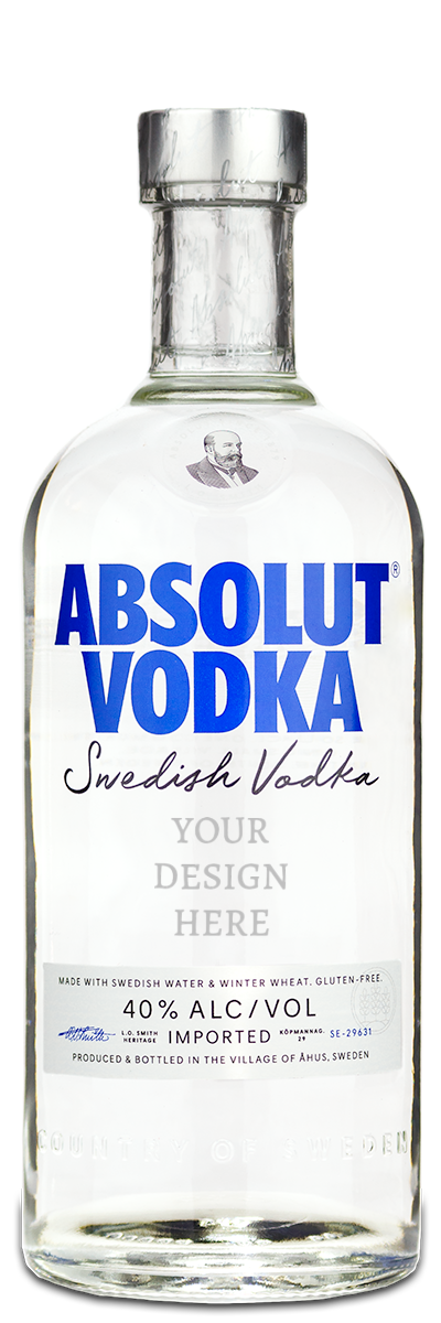 A clear absolut Absolut Vodka bottle with blue and black text, featuring a custom “Your Design Here” label area.