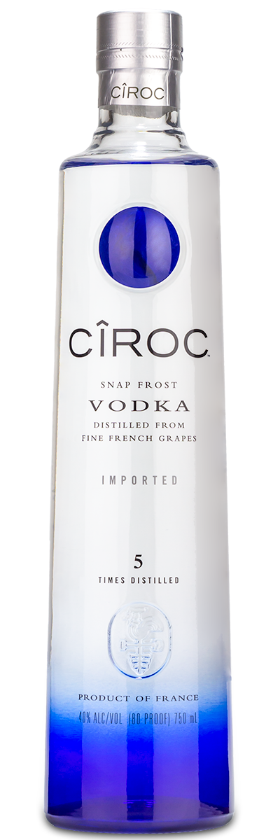 Ciroc Vodka bottle with blue accents and a silver cap. The label displays the Ciroc logo and branding.