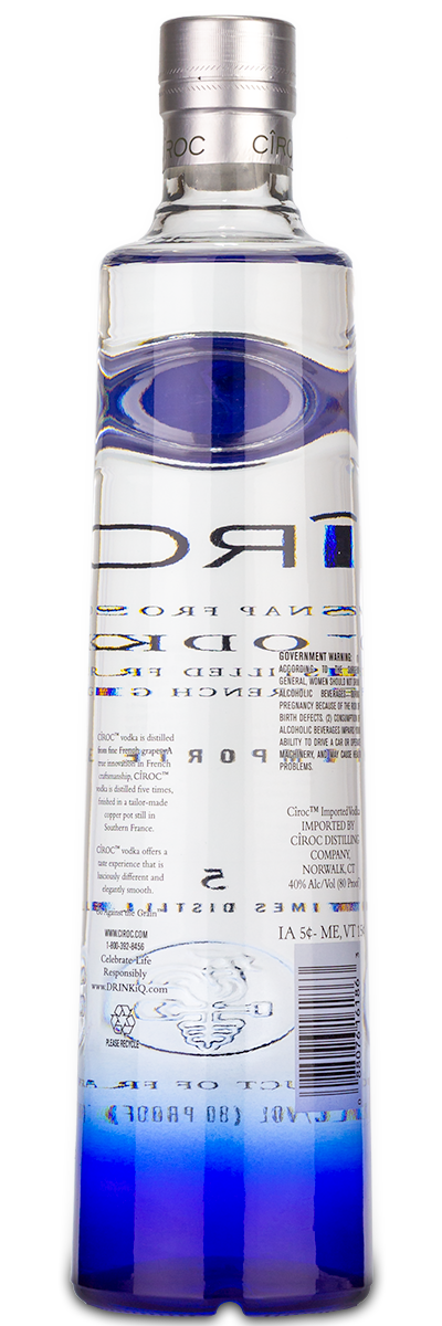 Clear Ciroc Vodka bottle with silver cap, blue base accent, and readable label.
