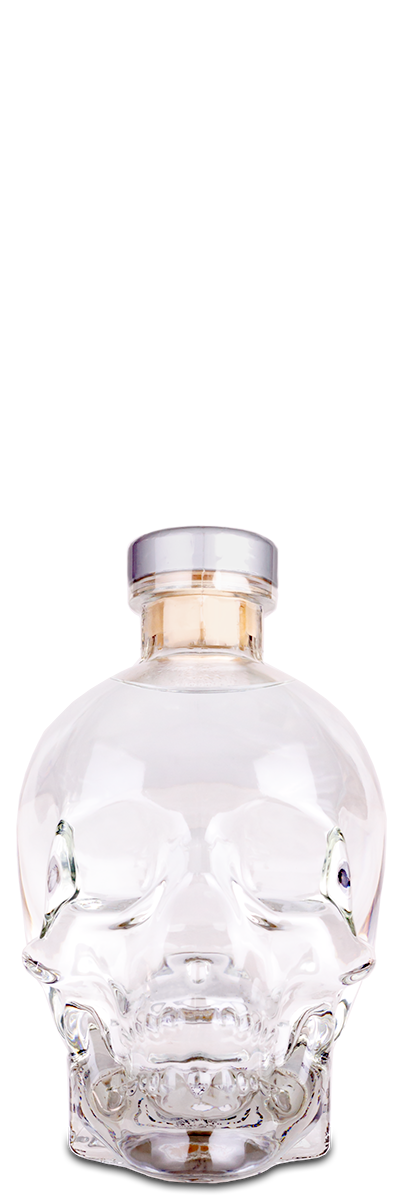 Clear skull-shaped bottle with a silver cap on a white background