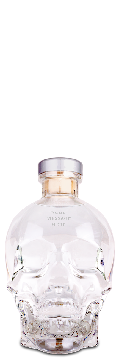 Crystal head vodka bottle on a white background with "your message here" engraved on the forehead.