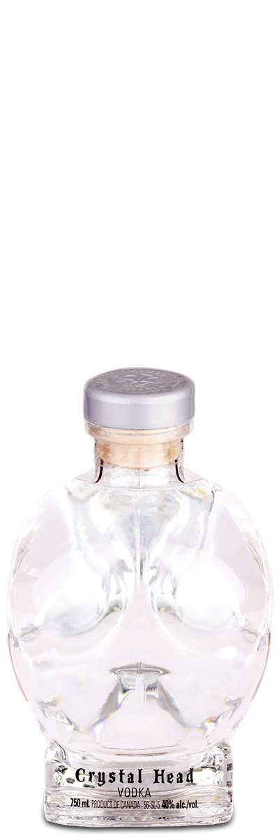 Crystal Head vodka bottle from the back, showing the distillery information label.