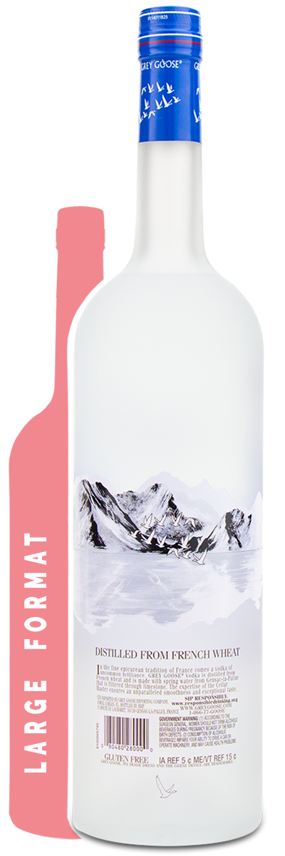 GreyGoose Vodka (1.75L) bottle with blue cap, mountain art, and custom wine label on frosted glass.