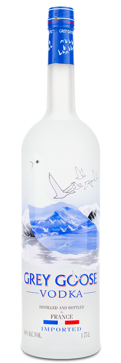 A 1.75L GreyGoose Vodka bottle with a custom engraved label featuring mountain, lake, and geese designs.