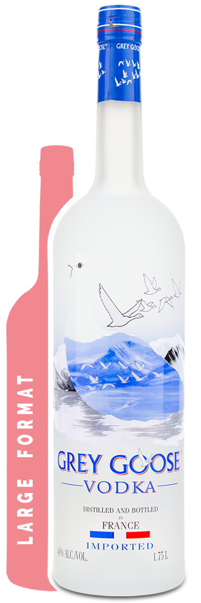 GreyGoose Vodka (1.75L) with custom engraved mountain artwork, labeled Large Format.
