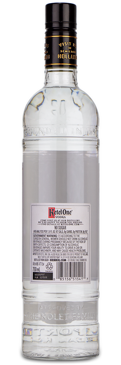 A KetelOne Ketel One Vodka clear glass bottle with a custom engraved label, displayed on a white background.