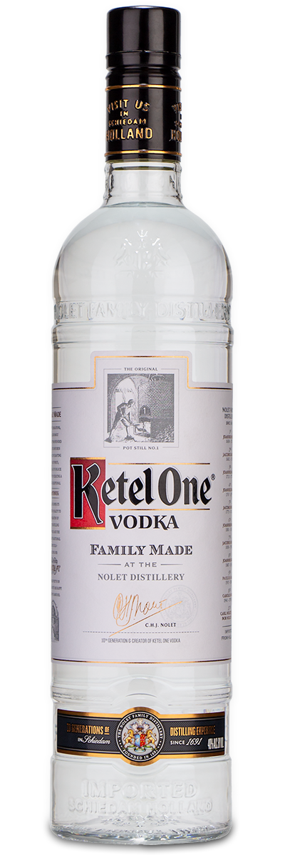 A clear KetelOne Vodka glass bottle with a custom wine label and gold accents.
