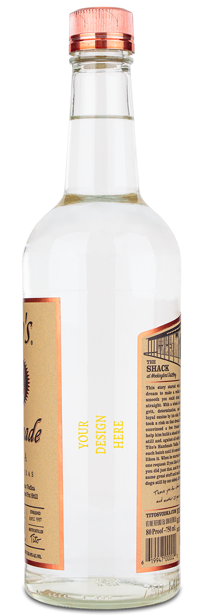 Clear glass Titos Handmade Vodka bottle with copper cap and space for a yellow YOUR DESIGN HERE label.