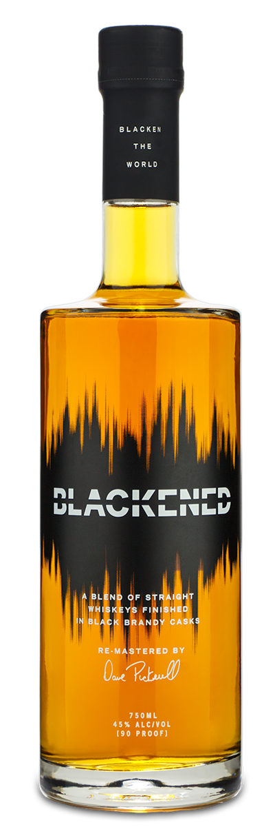 Bottle of Blackened whiskey with it's original distillery front label on a white background.
