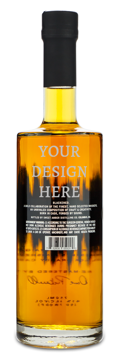 Bottle of Blackened whiskey from the back, with "Your design here" engraved above the rear distillery label.