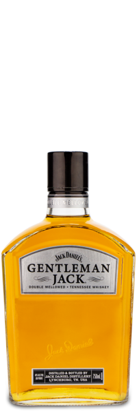 Jack Daniel’s Gentleman Jack Whiskey bottle with label visible against a plain background.