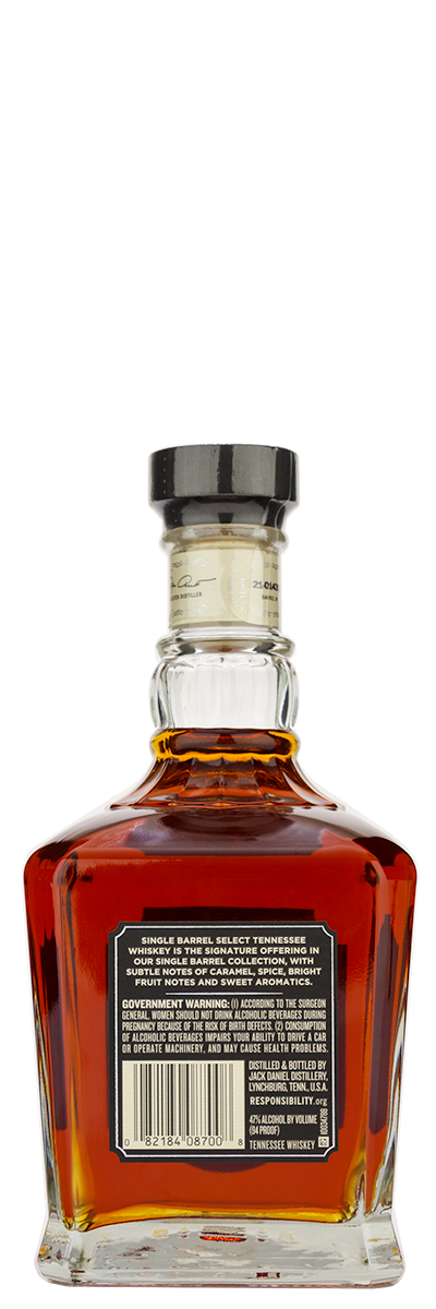 A Jack Daniels Single Barrel Select bottle with a black label, silver cap, and custom engraved back label.