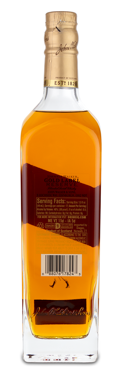 Johnnie Walker Gold Label Reserve Scotch bottle with a gold cap and visible gold back label.