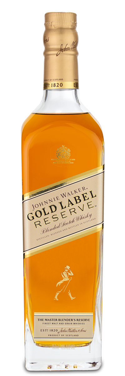 Johnnie Walker Gold Label Reserve Scotch whisky bottle with gold label and cap.