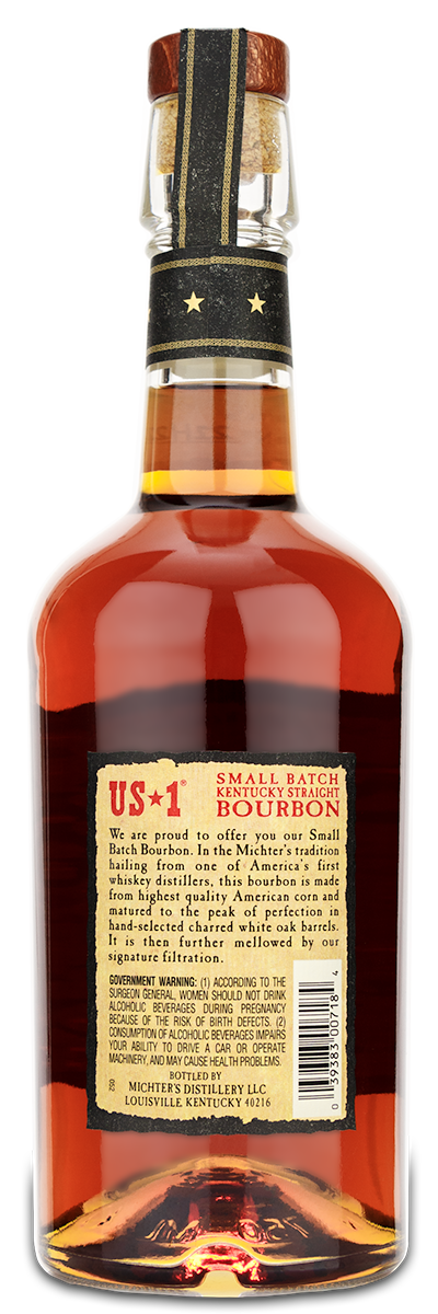Michters US1 Small Batch Kentucky Straight Bourbon bottle showing back label and dark amber liquid.