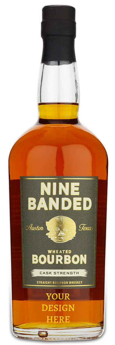 A bottle of NineBanded Cask Strength Bourbon Whiskey with a custom Your Design Here engraved label at the bottom.