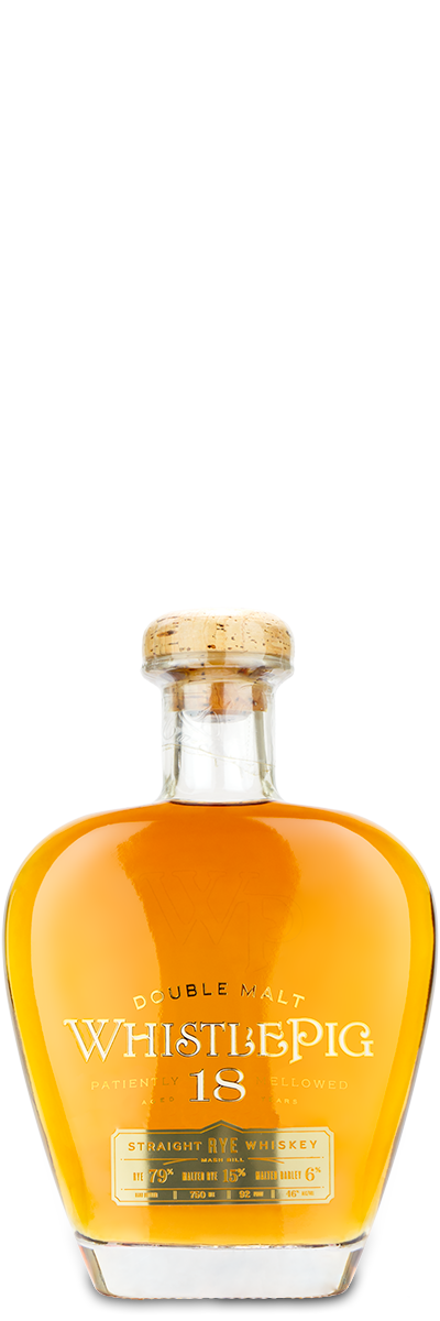 WhistlePig 18 Year Straight Rye Whiskey bottle with a cork stopper and gold label.