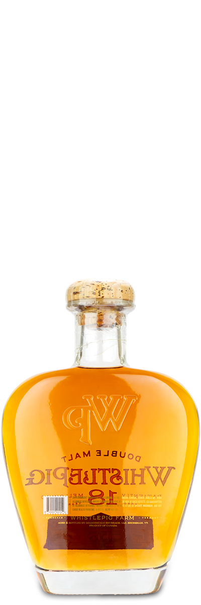 WhistlePig 18 Year Straight Rye Whiskey bottle with cork, filled with amber liquid, on a white background.