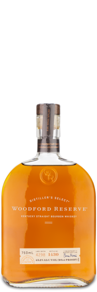 A bottle of Woodford Reserve Straight Bourbon Whiskey with a brown cap and gold label on a white background.