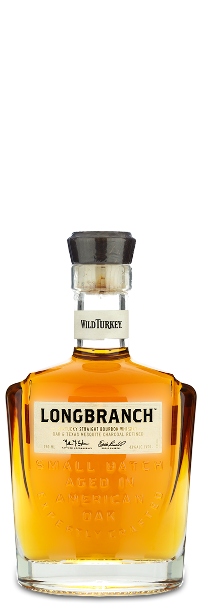 Longbranch Bourbon bottle with a clear label and amber liquid inside. Wild Turkey branding visible on the glass.