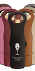 Six brown leatherette wine bags, each holding a wine bottle, arranged in a neat row with handles facing forward.