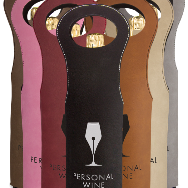 Six brown leatherette wine bags, each holding a wine bottle, arranged in a neat row with handles facing forward.