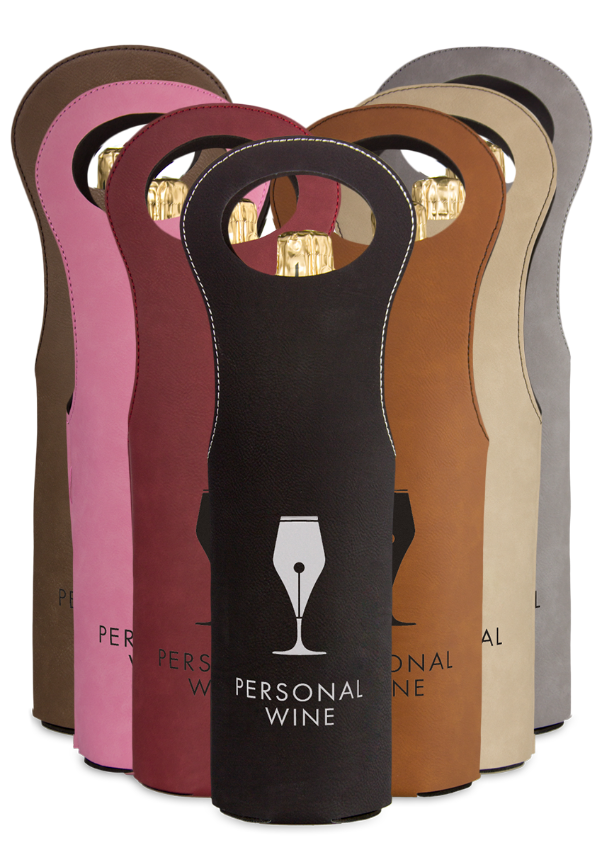 Six brown leatherette wine bags, each holding a wine bottle, arranged in a neat row with handles facing forward.