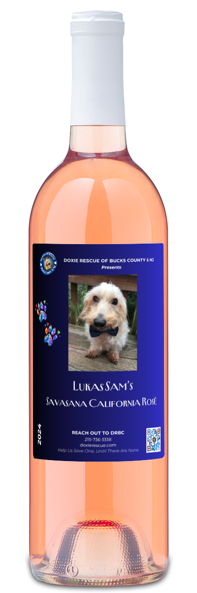 A bottle of personalwines Doxie Rescue | Lukas Sams Savasana California Rosé with a blue dog label.