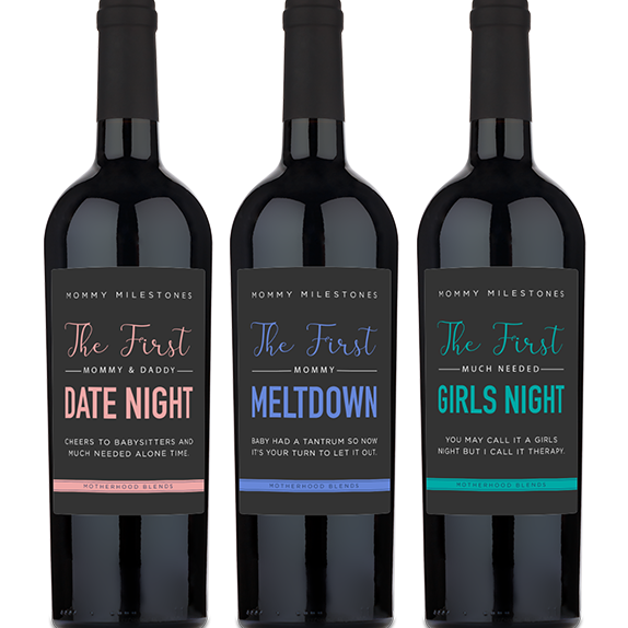Three wine bottles labeled Date Night, Meltdown, and Girls Night with colorful, bold designs aimed at moms.