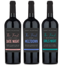 Three wine bottles labeled Date Night, Meltdown, and Girls Night with colorful, bold designs aimed at moms.