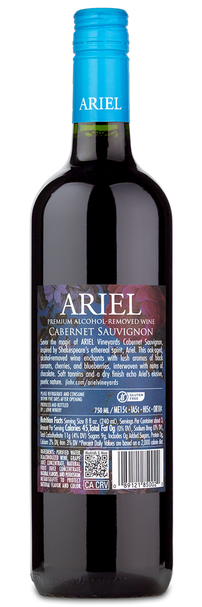 A bottle of ariel-vineyards Ariel Vineyards Cabernet Sauvignon (Alcohol Removed) with a custom label and blue foil neck.