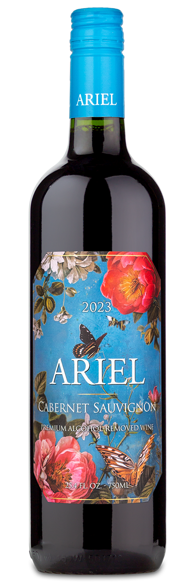 A 2023 Ariel Vineyards Cabernet Sauvignon (Alcohol Removed) with a blue floral label and matching blue cap.