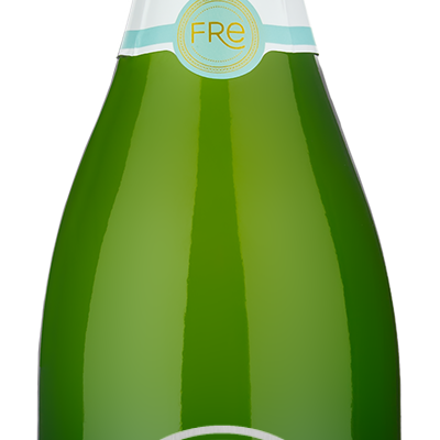 A bottle of Fre Non-Alcoholic Sparkling Wine engraved with a silver example design that says "Your Design Here."