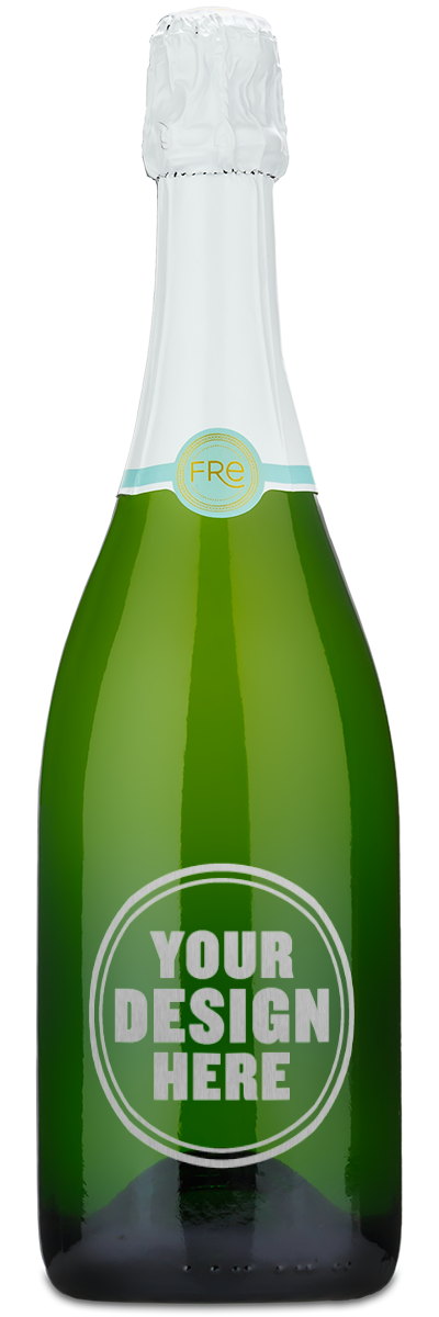A bottle of Fre Non-Alcoholic Sparkling Wine engraved with a silver example design that says "Your Design Here."