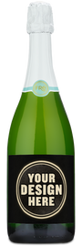 Green champagne bottle with a black label displaying the words YOUR DESIGN HERE in bold white letters.