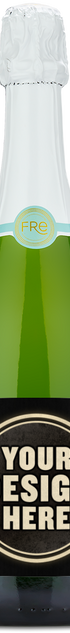 Green champagne bottle with a black label displaying the words YOUR DESIGN HERE in bold white letters.