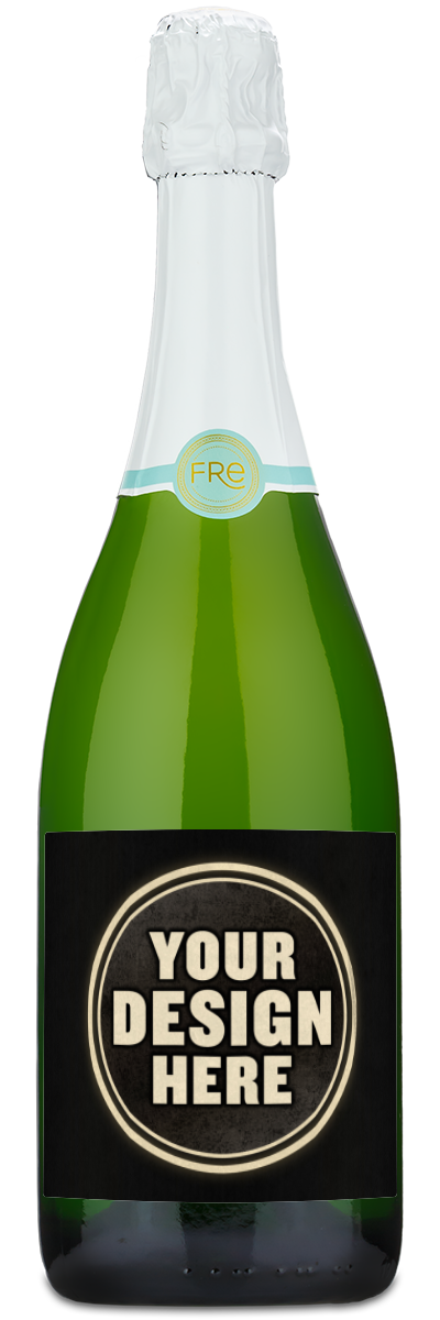 Green champagne bottle with a black label displaying the words YOUR DESIGN HERE in bold white letters.