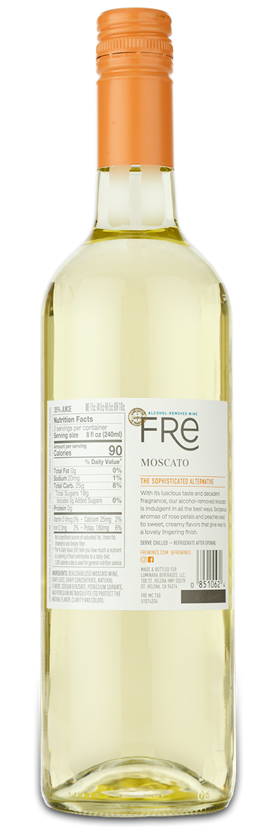 A clear Fre Moscato (Alcohol Removed) bottle with an orange cap, custom wine label, and back nutrition label.