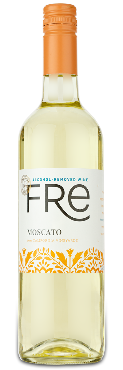 A custom label spotlights Fre Moscato (Alcohol Removed) by Fre, with an orange cap and orange decorative accents.
