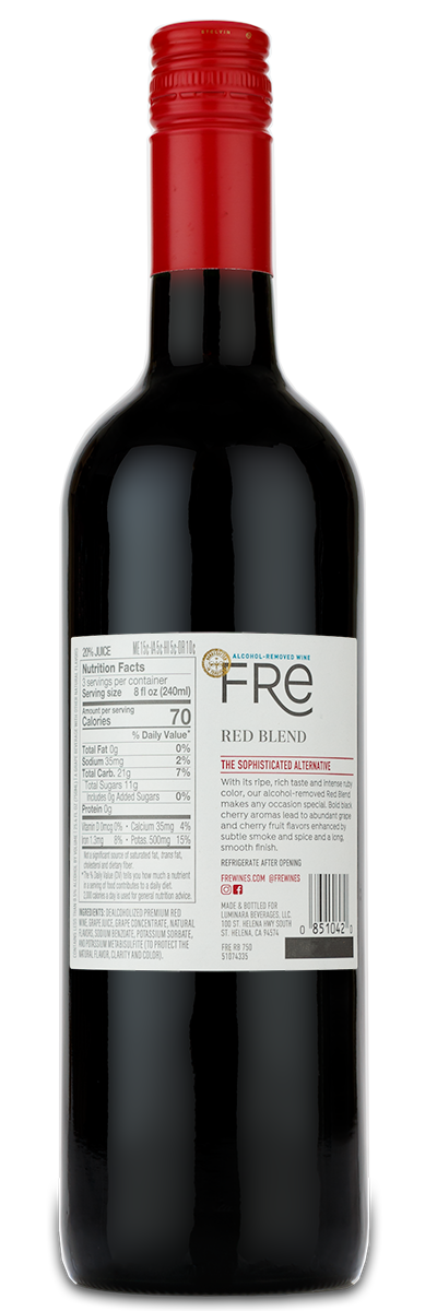 A bottle of Fre Red Blend (Alcohol Removed) by Fre, red cap, custom back label shown.