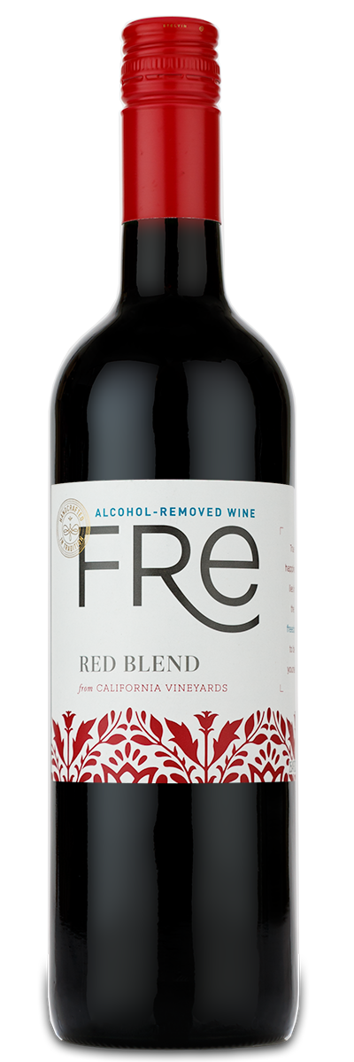A bottle of Fre Red Blend (Alcohol Removed) with a custom label and red cap, from California vineyards.