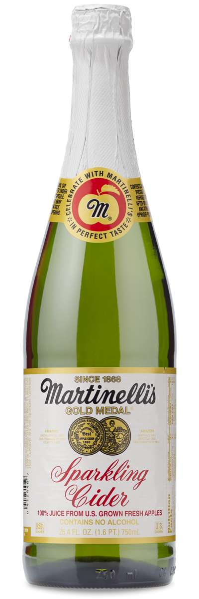 Martinellis Sparkling Apple Cider bottle with gold foil top and white label featuring gold and red text.