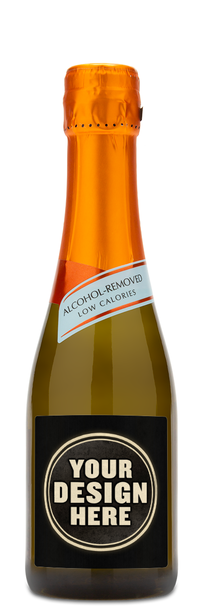 Mionetto Mini bottle with custom label example that says "Your Design Here."