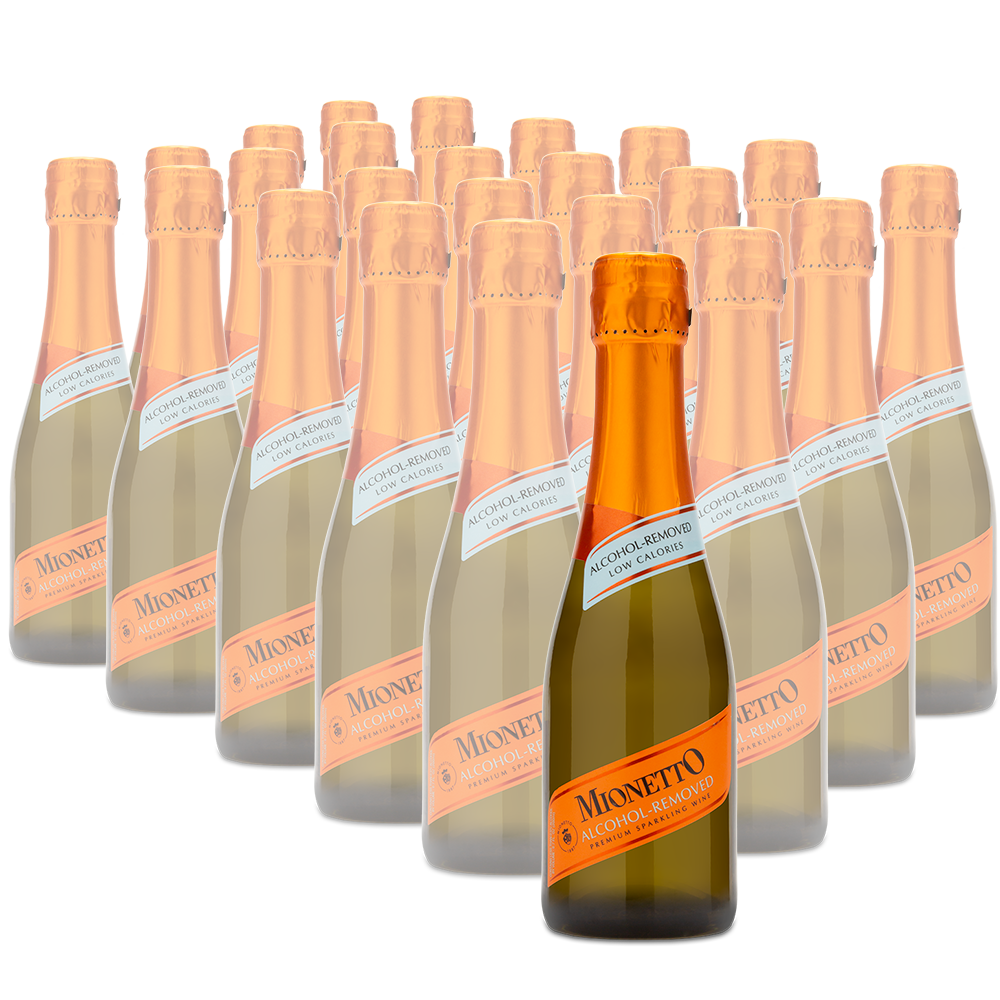 24 bottles of Mionetto Parkling Non-alcoholic mini bottles with the winery front label.