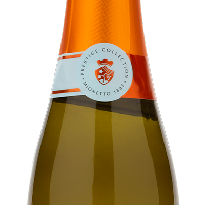 Mini Bottle of Mionetto Prosecco showing the winery back label.