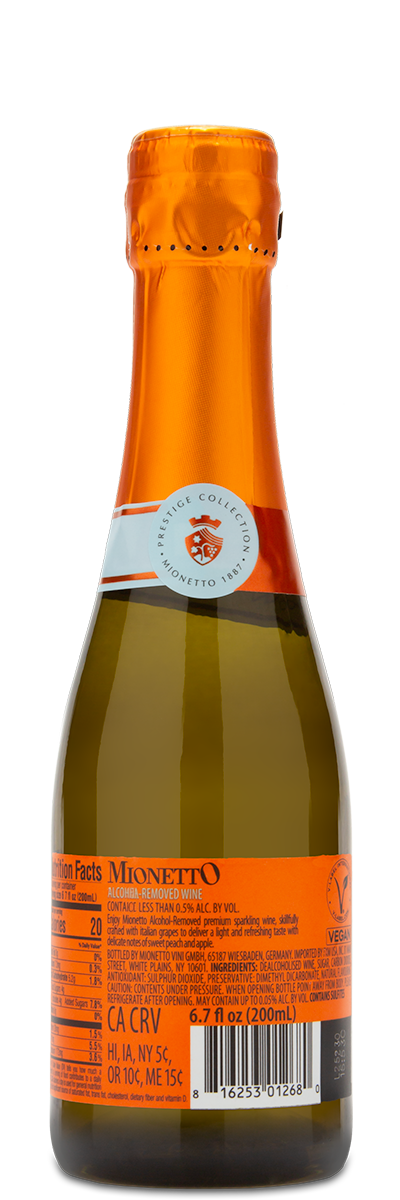 Mini Bottle of Mionetto Prosecco showing the winery back label.