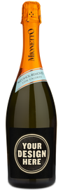 Bottle of Mionetto Prosecco with a custom label example that says "Your Design Here."