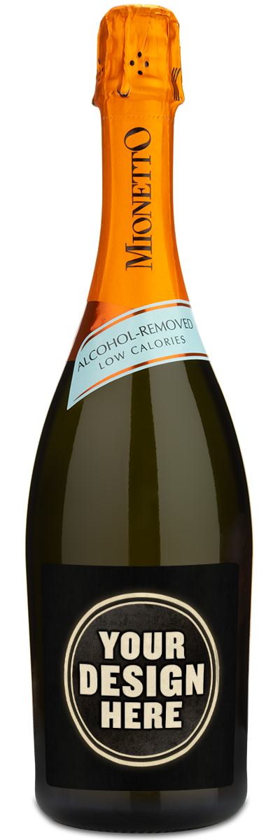 Bottle of Mionetto Prosecco with a custom label example that says "Your Design Here."