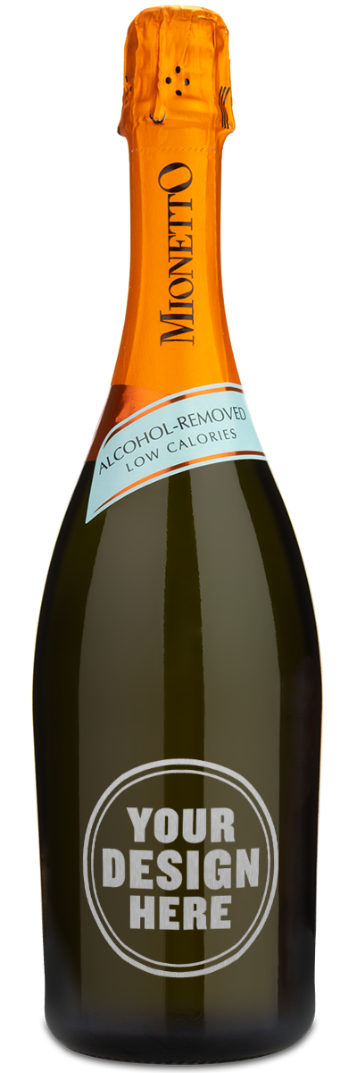 Bottle of Mionetto Prosecco with a silver engraving example that says "Your Design Here."