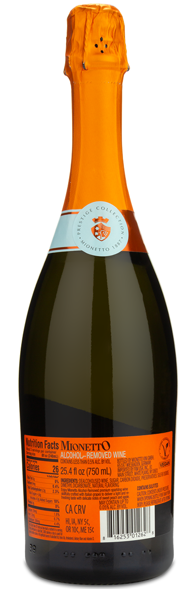 Bottle of Mionetto Prosecco with the winery back label.
